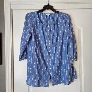 Purejill  Tunic Top 3/4 Sleeve Button Front Women's Large Blue White Lightweight